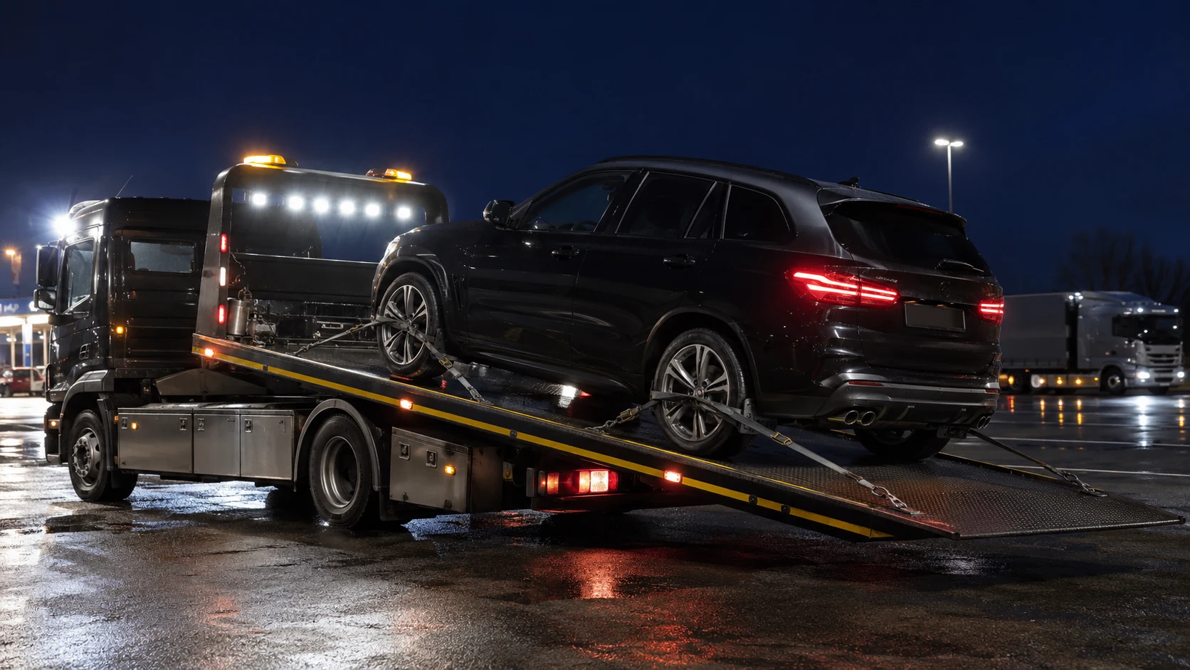 Recovery truck transporting an SUV at night