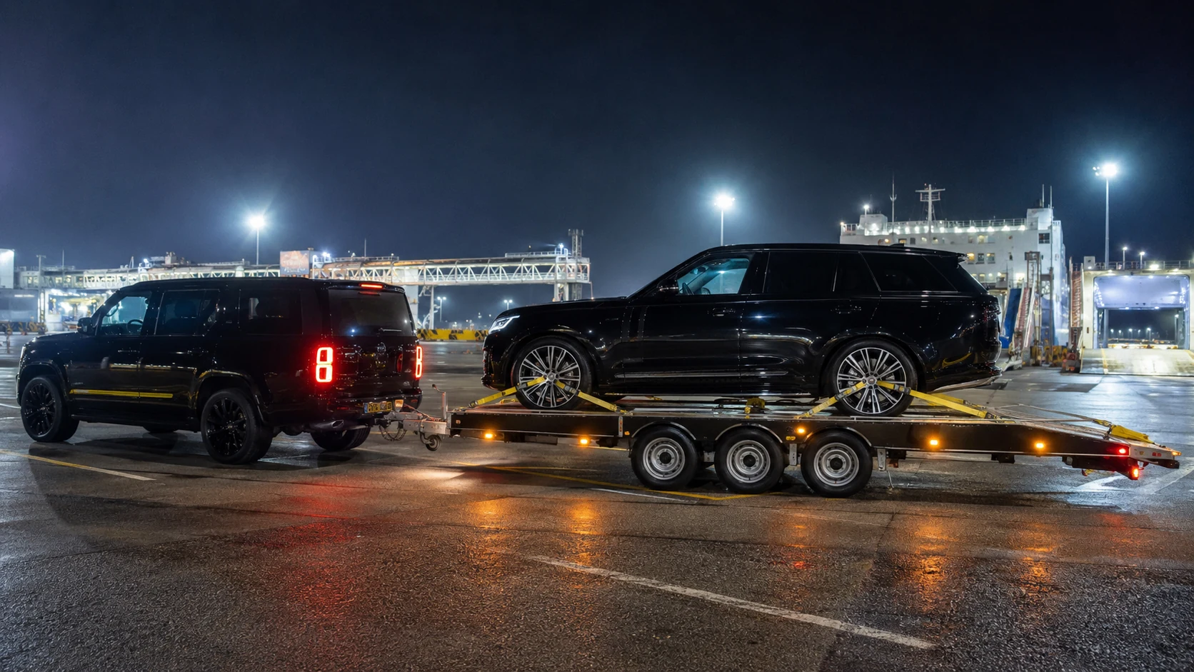 Vehicle on a tri-axle transporter at a UK ferry terminal